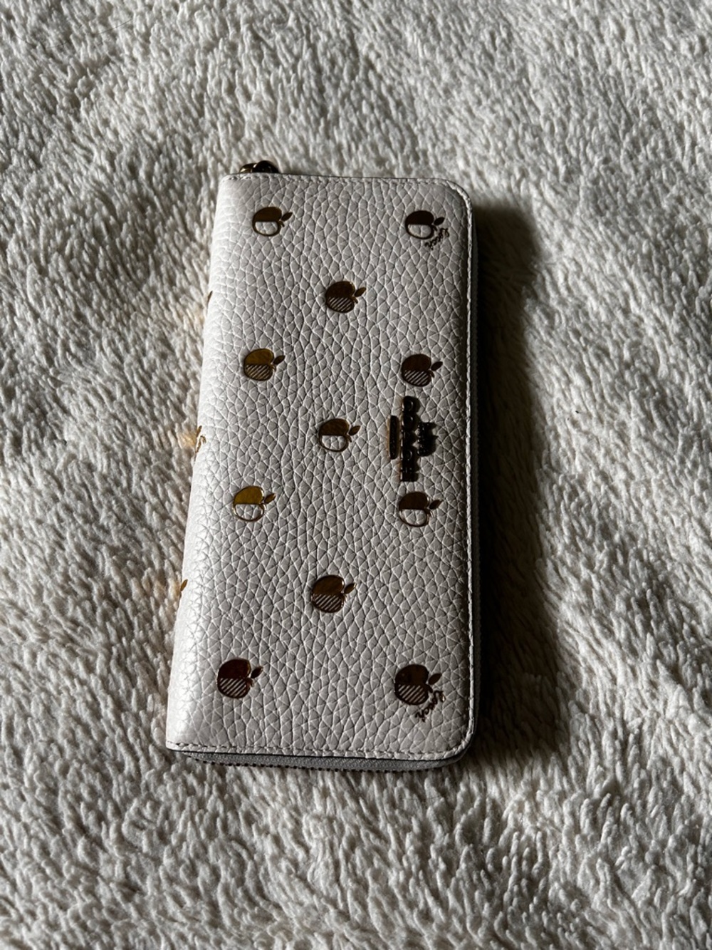 Coach Cream Leather Zip Wallet with Gold Dot Accents